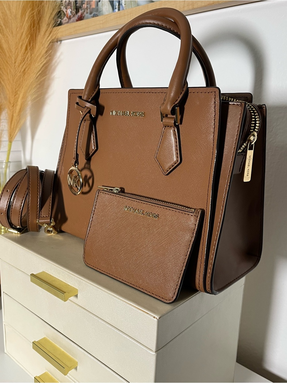 Michael Kors Brown Saffiano Leather Satchel w/Detachable Strap &Matching Wallet